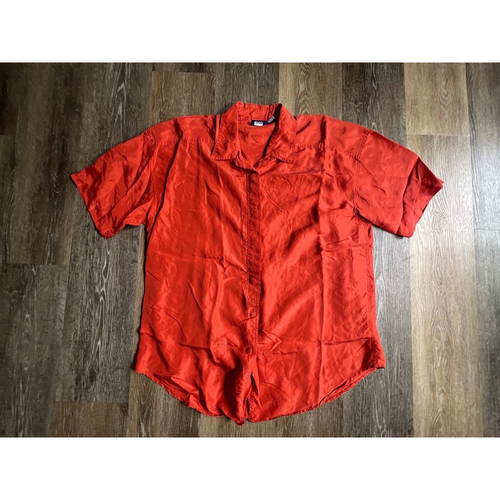 Bobbie Brooks Sport Button Down Shirt Women Large Red 100% Silk Short Sleeve